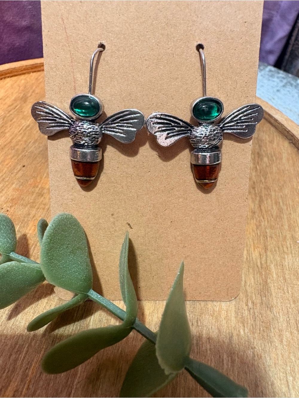 Source Unknown Silver Bee Earrings with Green and Amber Accents